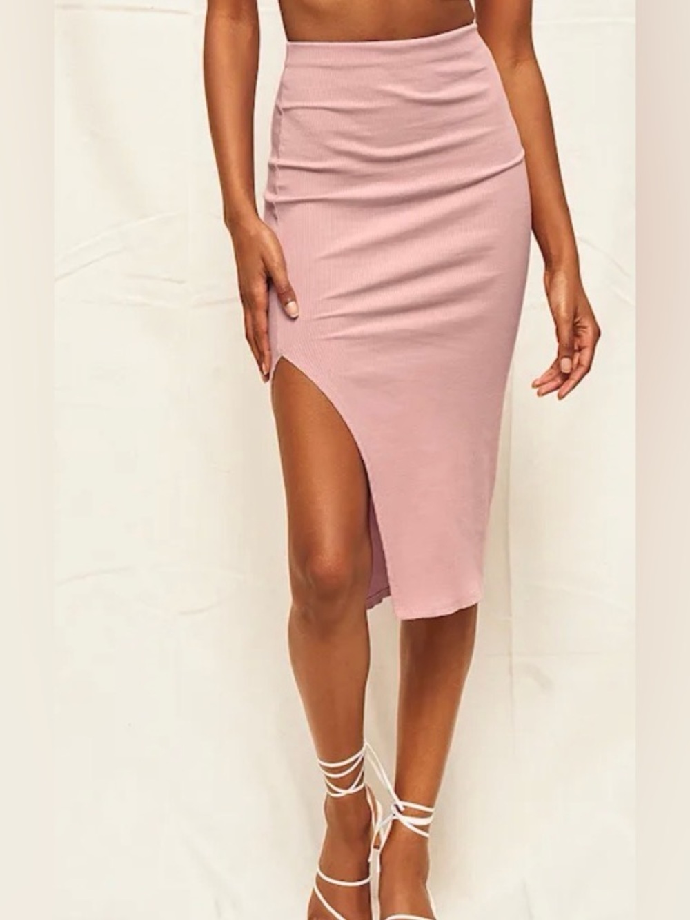Lulus Dusty Rose Ribbed Midi Skirt with Slit Size XS Excellent Condition(A583)